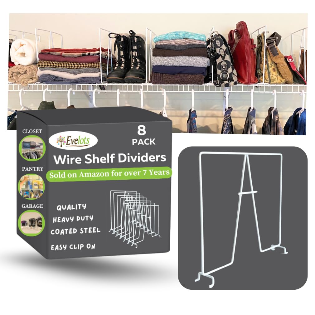 Evelots Wire Shelf Dividers - Extra Closet Organization and Storage for Home or Office -4 Pack- New Removable Hooks - Tall Shelf Separators - Easy to Clip -No Tool- Sturdy Coated Steel - 12 Inch Tall
