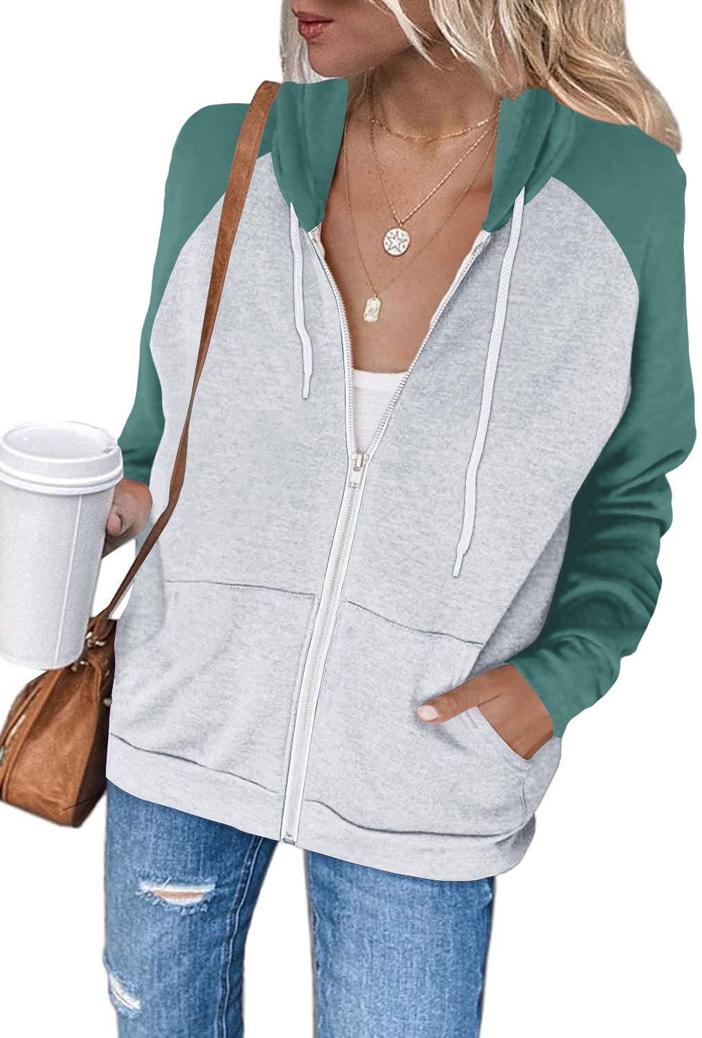 EZBELLE Women's Color Block Zip Up Hoodie Sweatshirt Casual Long Sleeve Jacket Sweater with Pockets