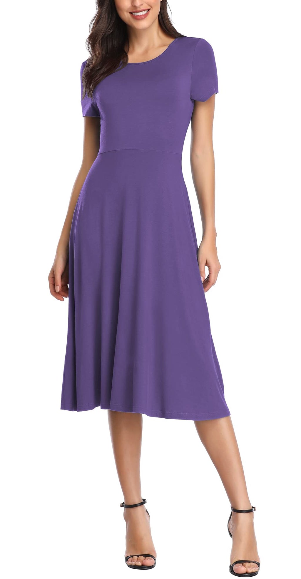 Urban CoCo Women's Vintage Short Sleeve High Waist Flared Midi Casual Summer Dress
