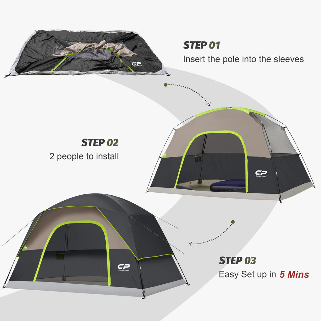 CAMPROS CP Camping Tent 2/4/6 Person, Waterproof Windproof Double Layer Dome Tent, Easy Setup with Large Mesh Windows & Wide Door for Outdoor Camping Backyard