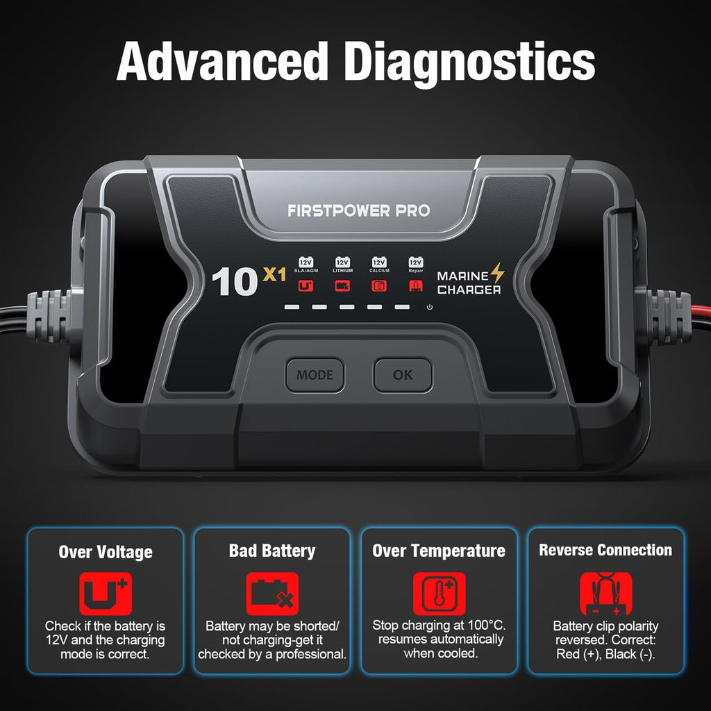 Marine Battery Charger 5X1: 1-Bank, 5A Onboard Battery Charger - 5A Per Bank, 12V Waterproof Boat Batter Charger for SLA/AGM, Lithium, Calcium - Charged 24/7
