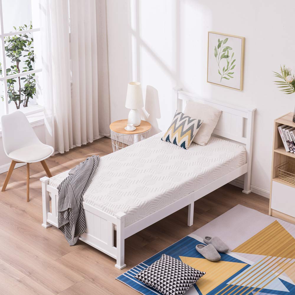 Bonnlo Twin Size Solid Wood Platform Bed Frame, Single Bed with Headboard, No Box Spring Needed Panel Bed, Wood Slat Support Mattress Foundation, White
