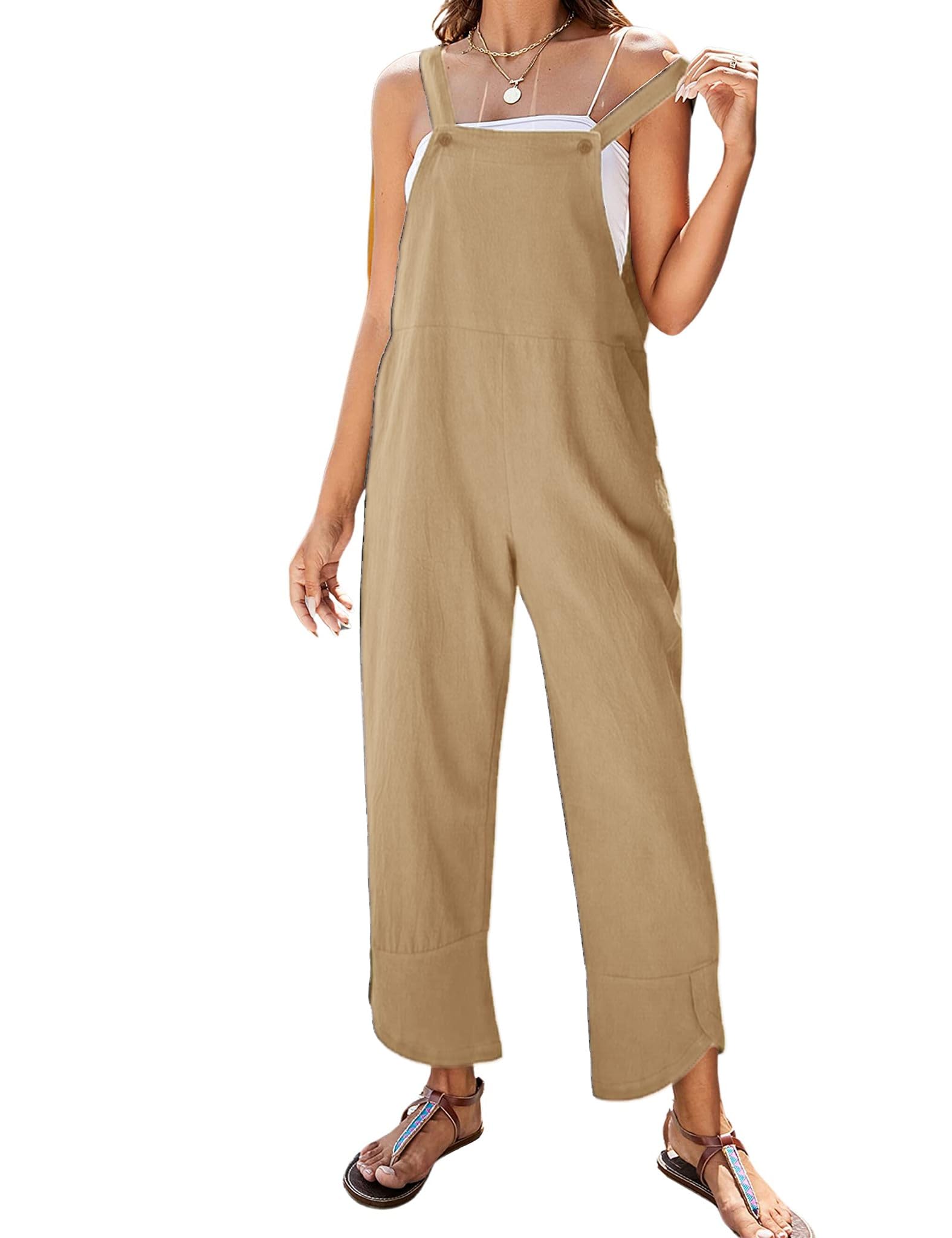 APAFES Women Summer Sleeveless Cotton Linen Bib Overalls Tulip Baggy Capri Jumpsuits with Pockets