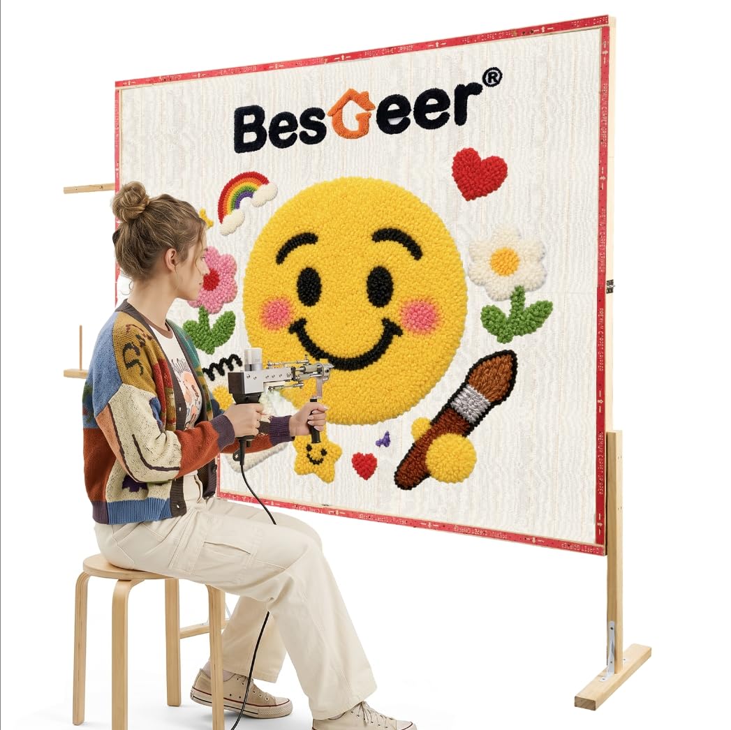 BESGEER Rug Tufting Frame with Tufting Cloth, 29.5” x 29.5” Wooden Frame Rug Making Supplies for Tufting Gun, Table Stand Frame Carpet Making