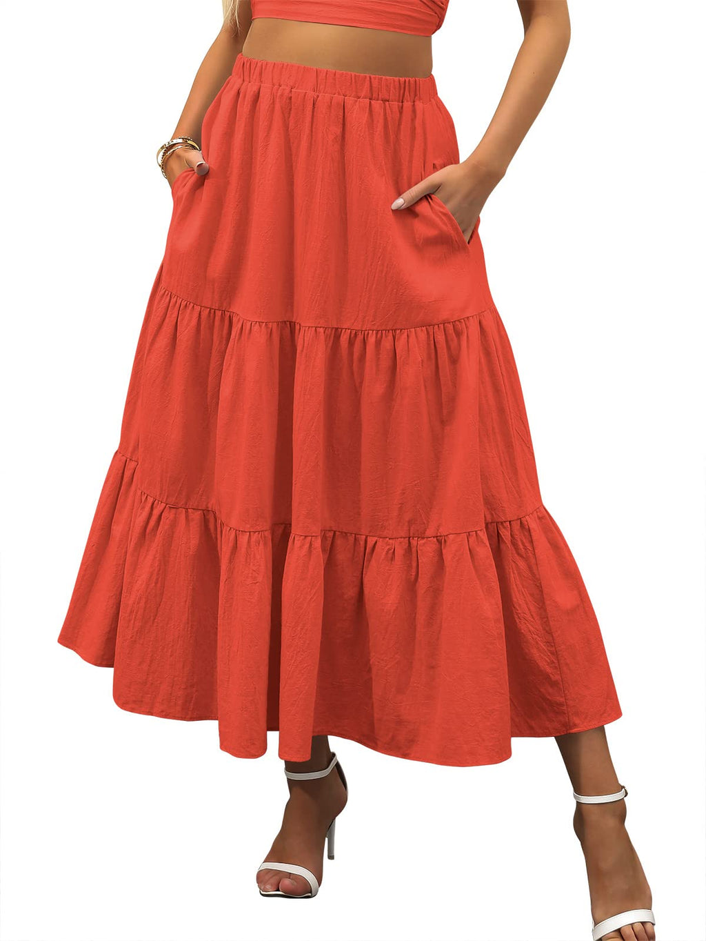 ANRABESS Women’s Summer Boho Flowy Swing Tiered A-Line Maxi Skirt 2026 Fashion Trendy Elastic Waist Pleated Long Beach Dress