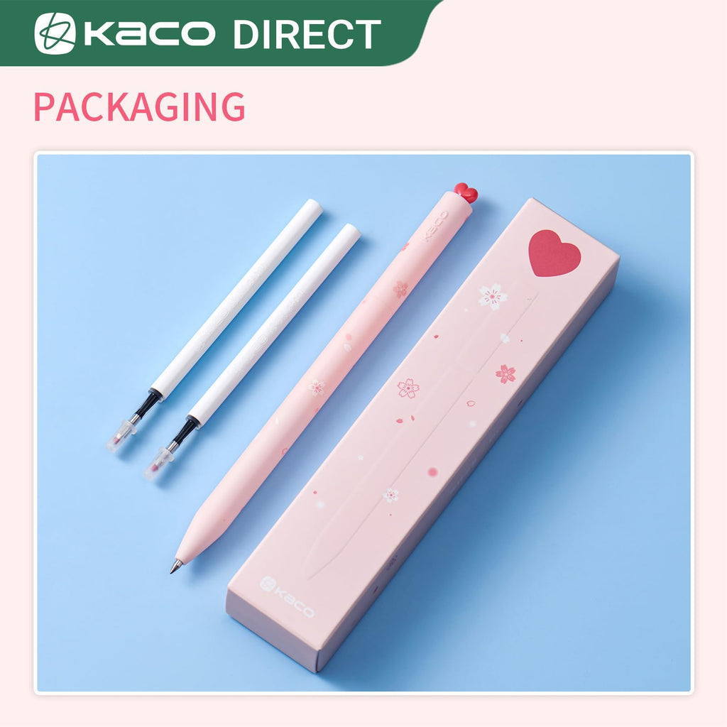 Kaco FIRST Gel Pens, Pack of 2 Pieces Cute Stationery Heart Pen Set with Extra 4 Black Refills Quick Drying Holiday Office Supplies (2 Colors)