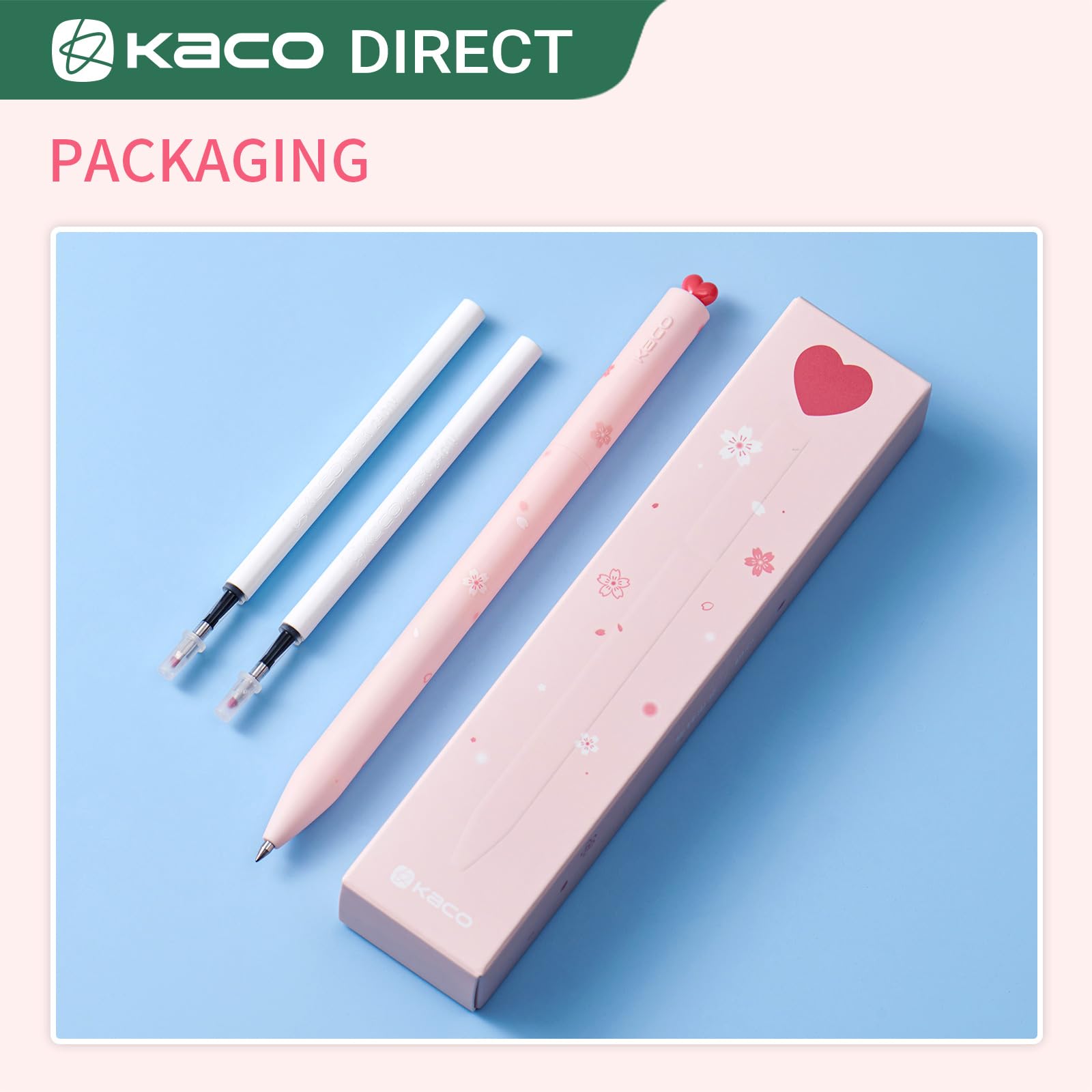 Kaco FIRST Gel Pens, Pack of 2 Pieces Cute Stationery Heart Pen Set with Extra 4 Black Refills Quick Drying Holiday Office Supplies (2 Colors)