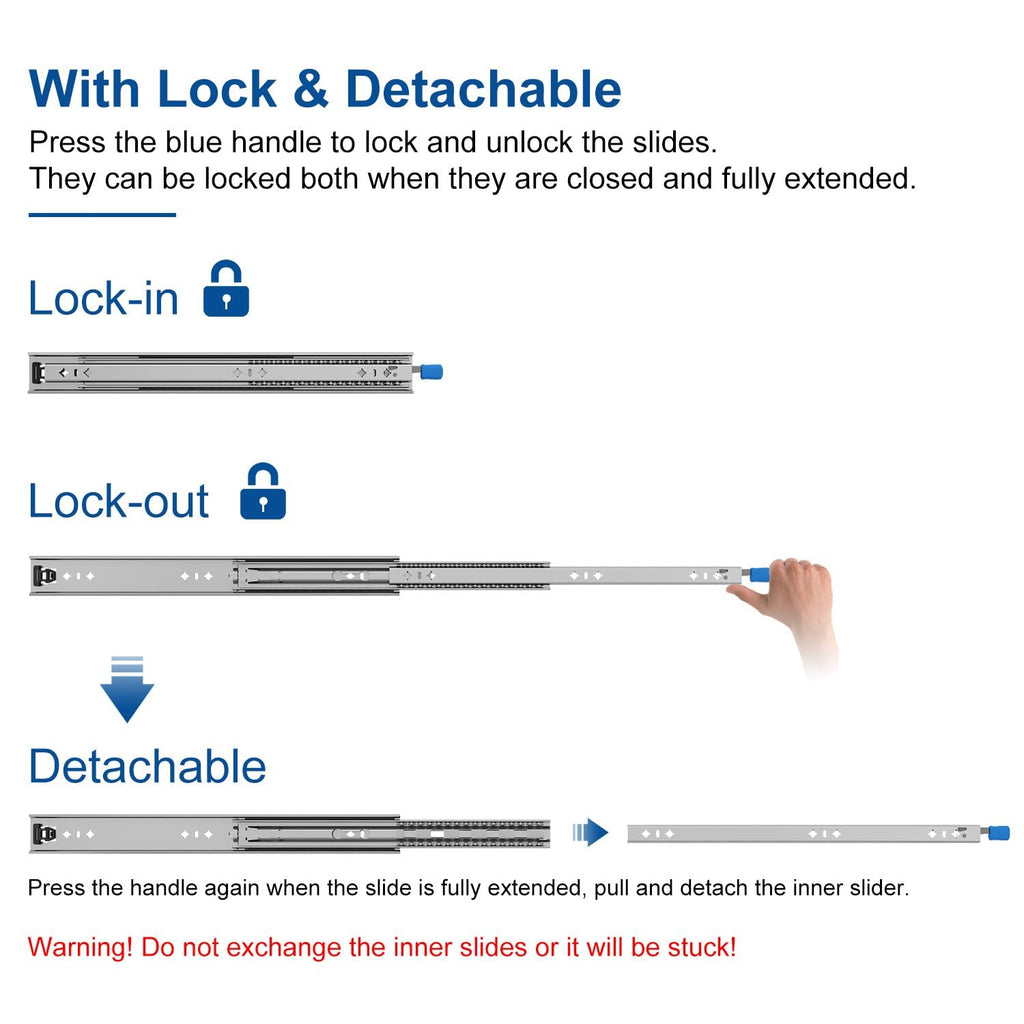 VADANIA 12" Heavy Duty Drawer Slide with Lock #D51, 150lb Load Capacity, 3-Fold Full Extension, Ball Bearing Lock-in & Lock-Out, Side Mount, 1-Pair