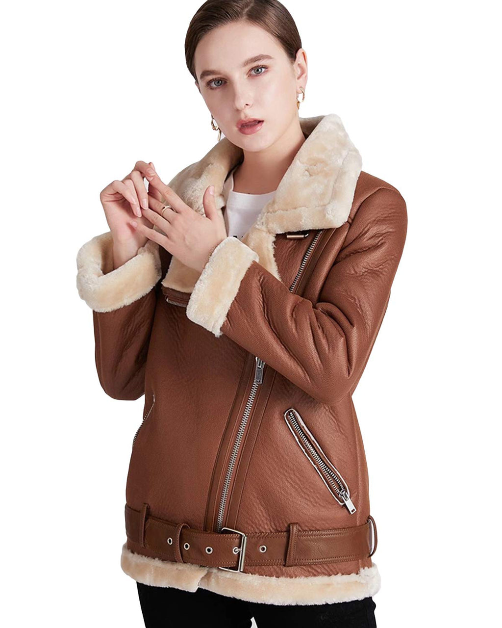 LY VAREY LIN Women's Faux Shearing Moto Jacket Thick Lined Parka Winter Shearling Coat Leather Jacket