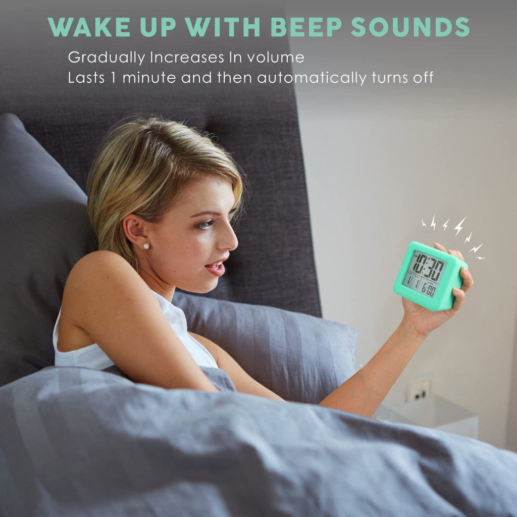 Plumeet Digital Alarm Clock Kids Clock with Snooze and White Nightlight - Easy Setting Travel Alarm Clocks Display Time, Date, Alarm - Ascending Sound - Battery Powered (Baby Blue)