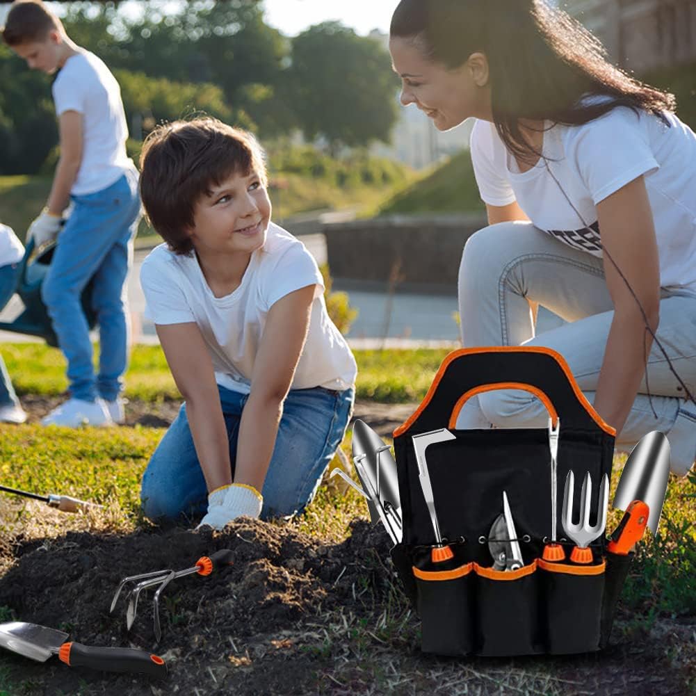 Garden Tool Set, 10 PCS Stainless Steel Heavy Duty | Soft Rubberized Non-Slip Ergonomic Handle, Storage Tote Bag, Gifts for Women and Men