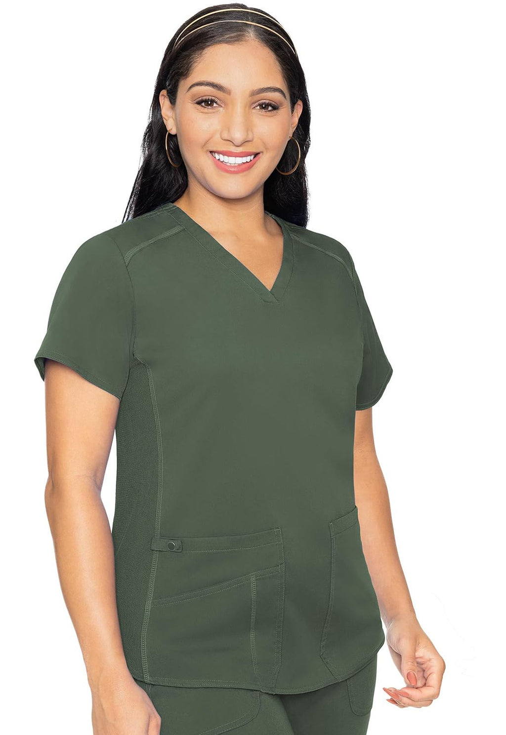 Med Couture V-Neck Scrub Top for Women with 4 Pockets, Rib-Knit Side Panel, and Shirttail Hem MC7459