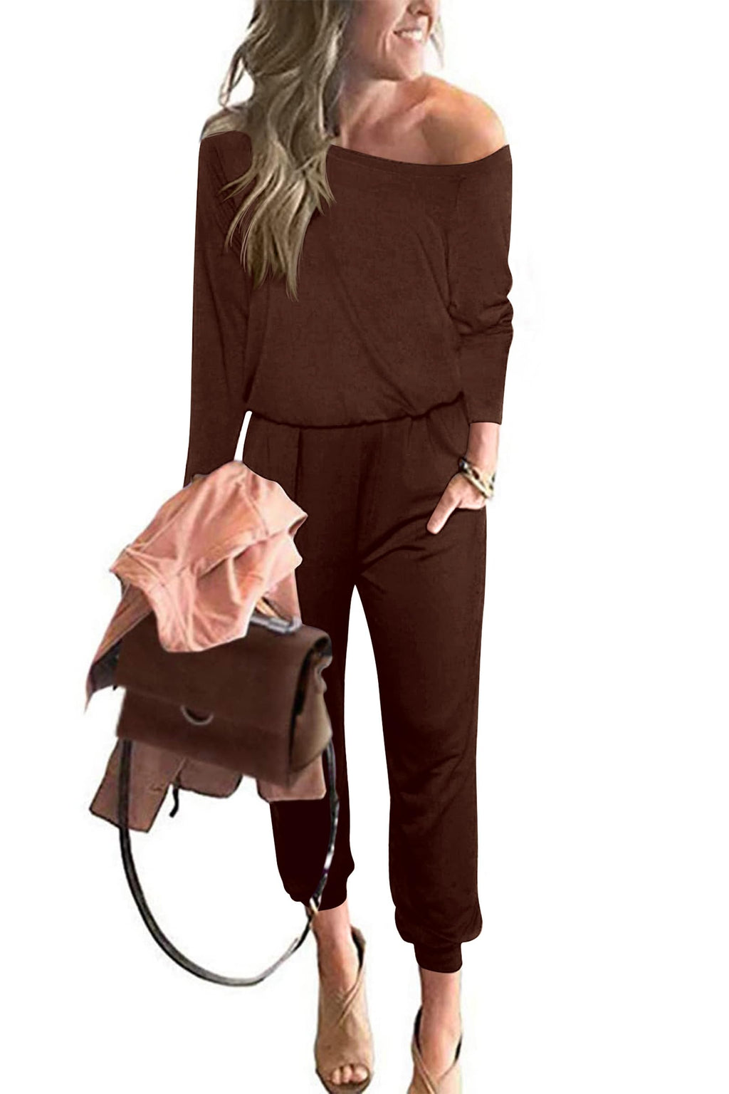 PRETTYGARDEN Jumpsuits for Women Casual 2026 Fall Long Sleeve Off Shoulder Rompers One Piece Travel Outfits Fashion Clothing