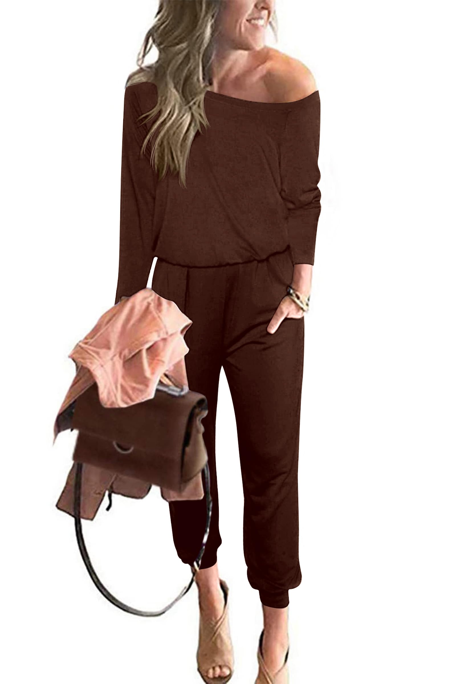 PRETTYGARDEN Jumpsuits for Women Casual 2026 Fall Long Sleeve Off Shoulder Rompers One Piece Travel Outfits Fashion Clothing