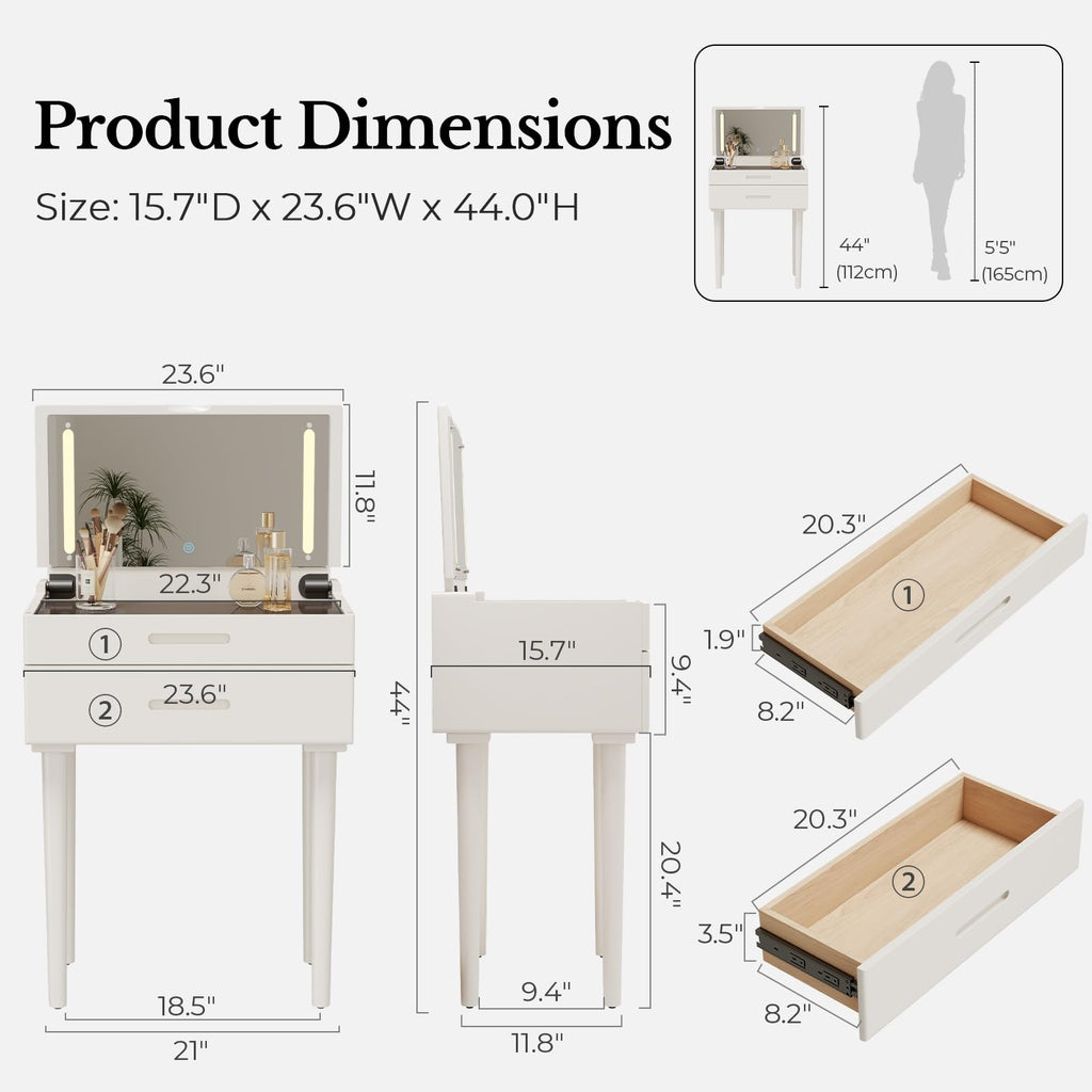 Muwuele Solid Wood Small Vanity Desk with Mirror and Lights, Narrow Makeup Vanity for Small Space, Flip Top Vanity Side Table, 3 Color Modes & Adjustable Brightness, 19.6" Slim Dressing Table, Black