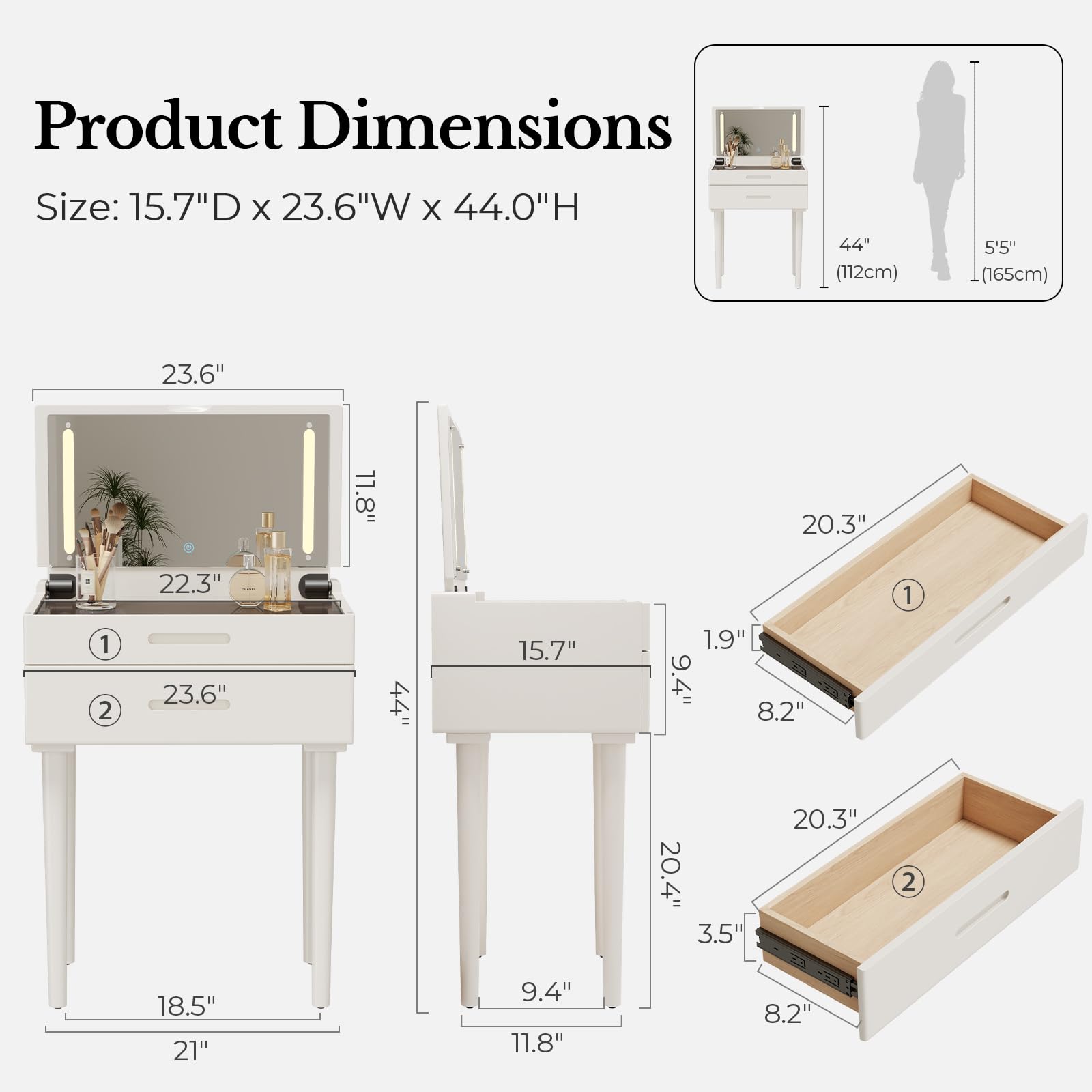 Muwuele Solid Wood Small Vanity Desk with Mirror and Lights, Narrow Makeup Vanity for Small Space, Flip Top Vanity Side Table, 3 Color Modes & Adjustable Brightness, 19.6" Slim Dressing Table, Black