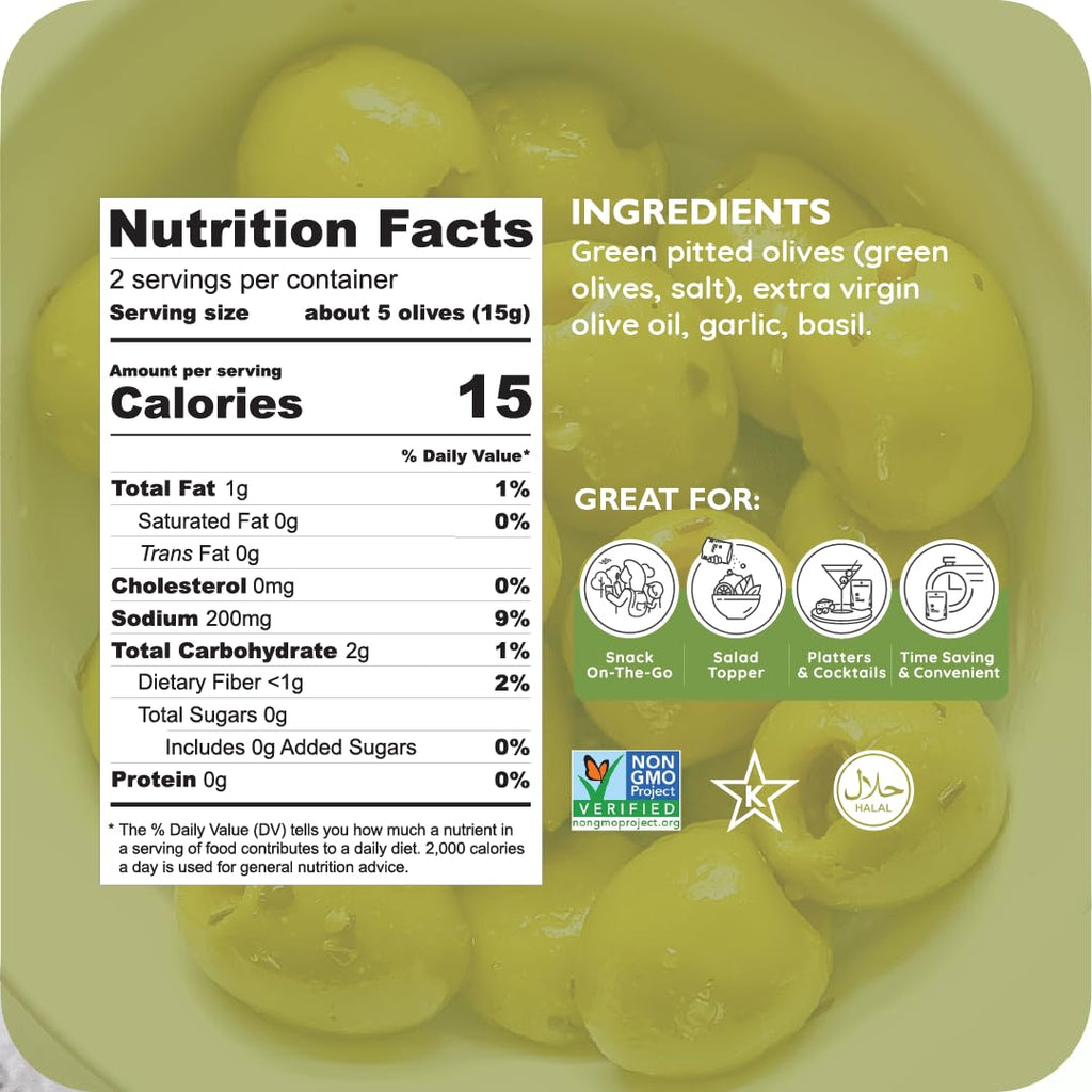 POSHI Green Pitted Olives - Basil & Garlic | Vegan, Kosher, Gluten Free + Keto Friendly, Fresh, Low Calorie Healthy Snacks | (30 Pack, 1.1oz Bags)