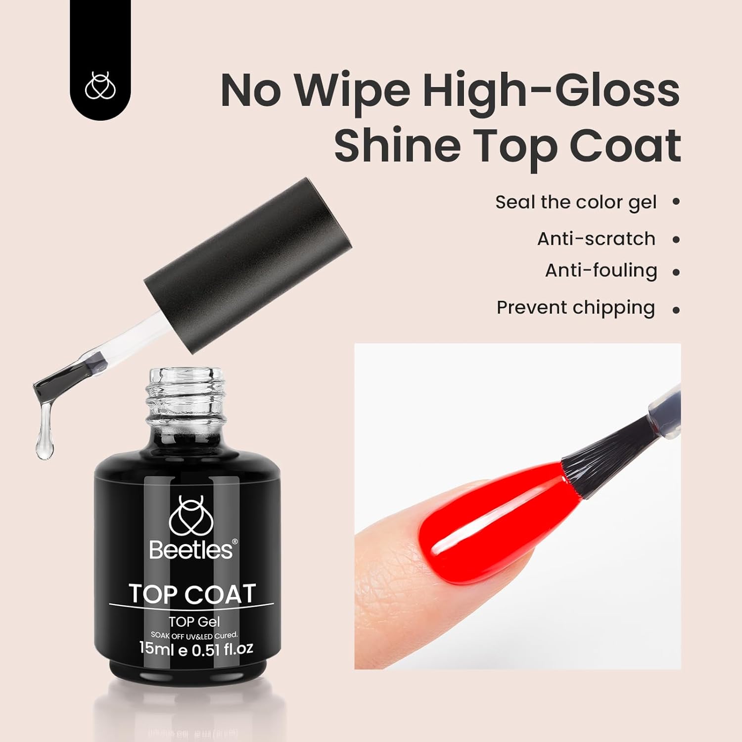Beetles 2Pcs 15ml Gel Base and Top Coat Set - Upgrade No Wipe Extra Glossy Top Coat Finish for Gel Nail Polish, Soak Off UV/LED Lamp Needed, Essentials for Long-Lasting Manicure Kit