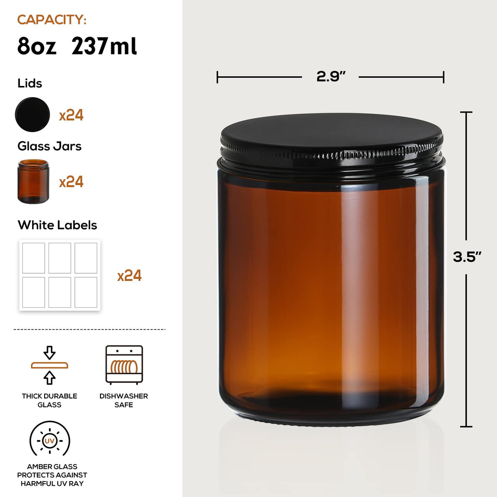 12 Pack, 8 OZ Dark Amber Candle Jars for Making Candle - Thick Glass Jars with 12 Metal & 12 Plastic Lids - Empty Round Food Storage Containers, Canning Jar For Spice, Liquid, Sample - Food Grade
