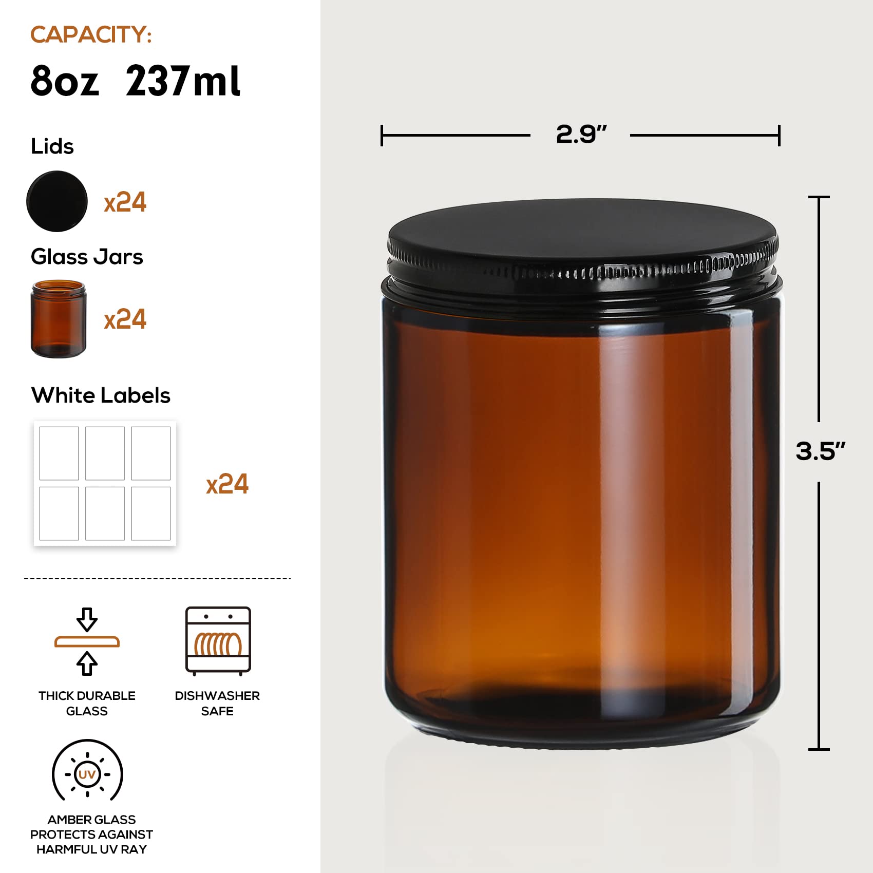 12 Pack, 8 OZ Dark Amber Candle Jars for Making Candle - Thick Glass Jars with 12 Metal & 12 Plastic Lids - Empty Round Food Storage Containers, Canning Jar For Spice, Liquid, Sample - Food Grade