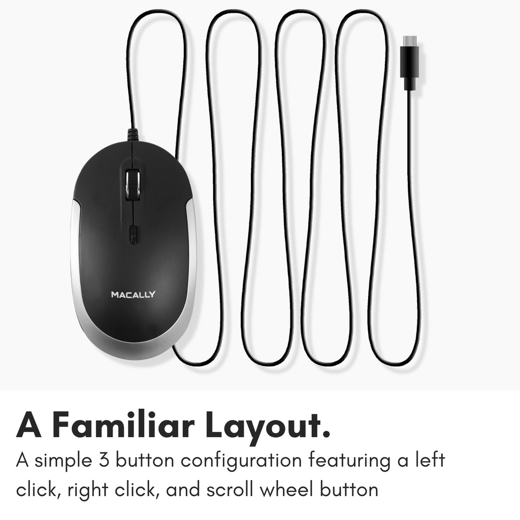 Macally Wired USB C Mouse for Mac and PC - Slim, Quiet, and Reliable - Type C Mouse for MacBook Pro/Air, iMac, Apple iPad, Laptop, Computer Desktop with 3 Button, Scroll Wheel, USBC, and 4 DPI Mode