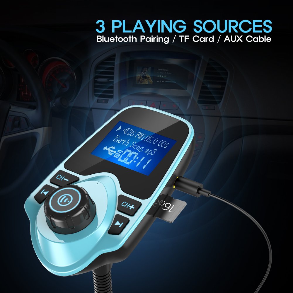 Nulaxy KM18 Bluetooth 5.4 Car Adapter with 1.44" Clear Display & Flexible Gooseneck - FM Radio Transmitter & Bluetooth Receiver for Hands-Free Calls, Wireless Music via BT/FM/AUX/TF, USB Car Charger