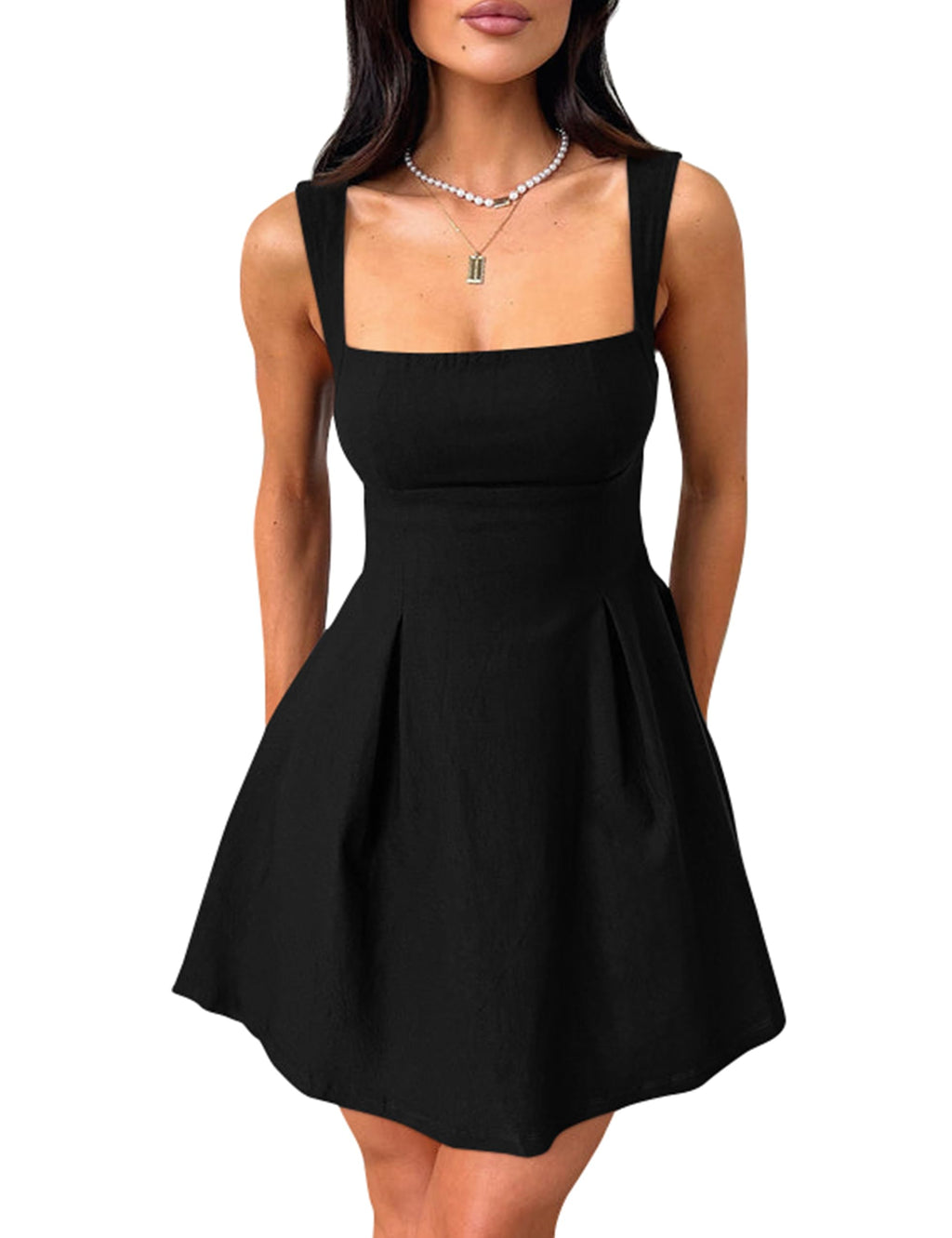 YMDUCH Women's Sexy Sleeveless Square Neck Adjustable Straps Bow Tie A-line Mini Party Club Dress