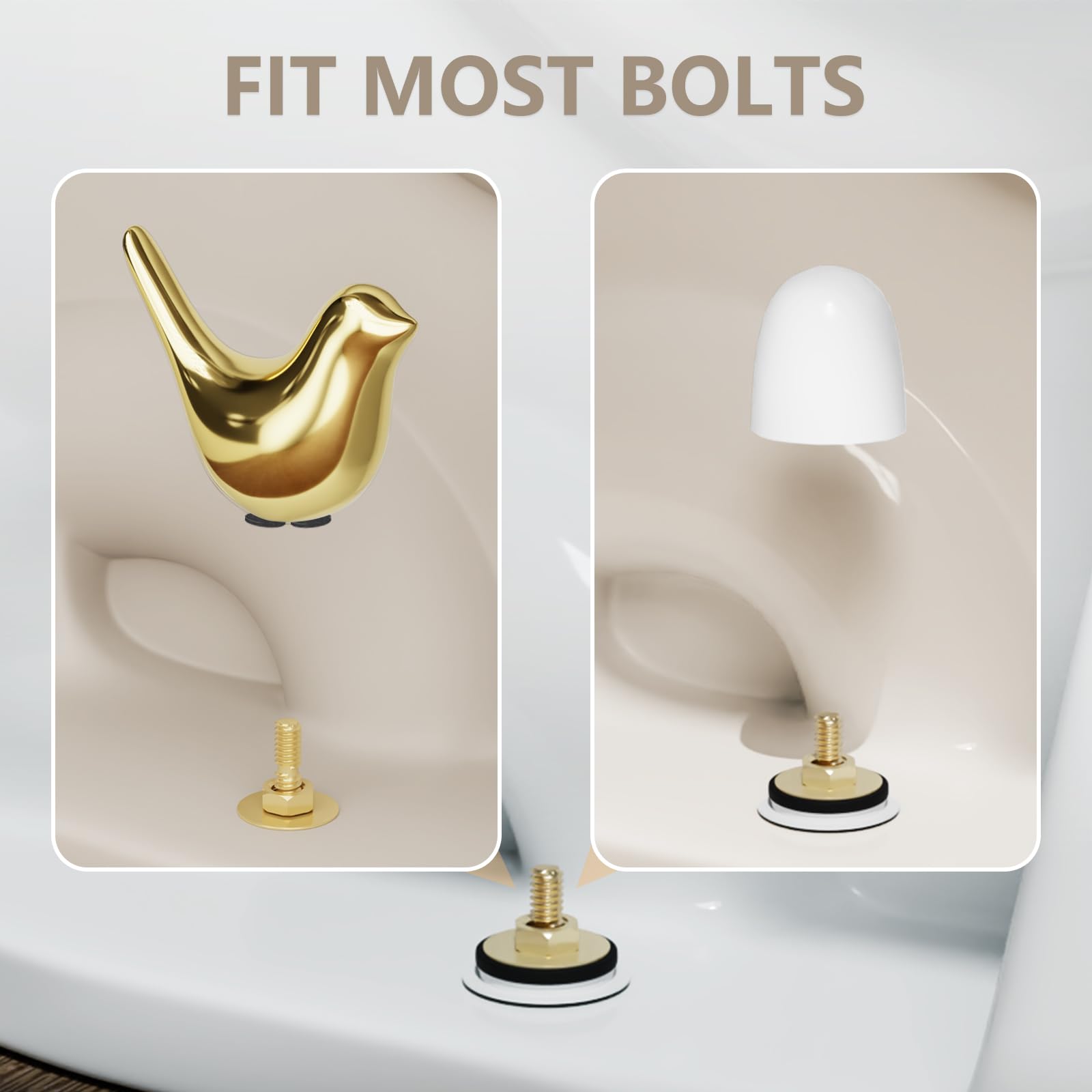 MENNTY Black Polar Bear Toilet Bolt Covers Decorative - 2 Glossy Black Ceramic Toilet Bolt Caps + 4 Universal Toilet Caps for Bottom of Toilet, Modern Monochrome Bathroom Decor