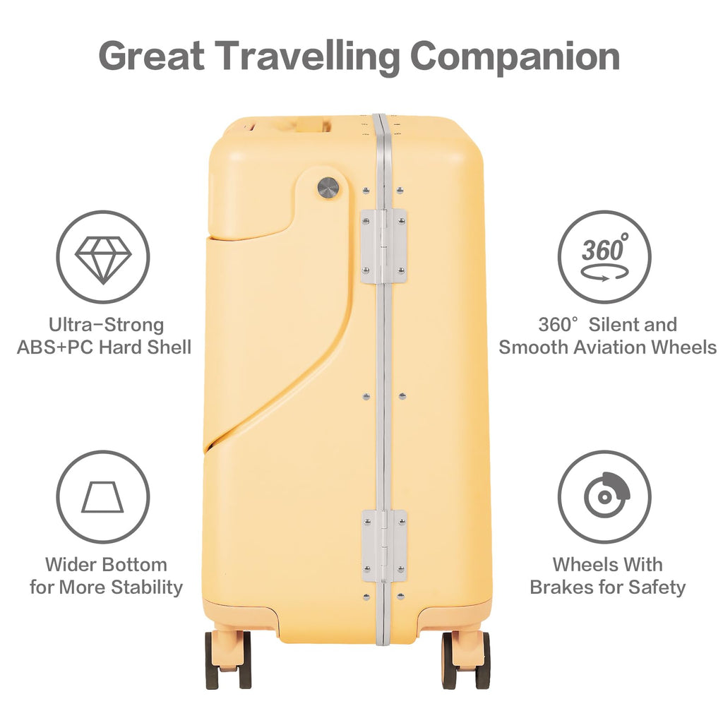 smilesun 20" Carry On Luggage with Seat For Kids & Adults，Hardside Ride On Suitcase Front Opening with 360°Spinner and TSA Lock For Travel (Black with Front Open, 20")