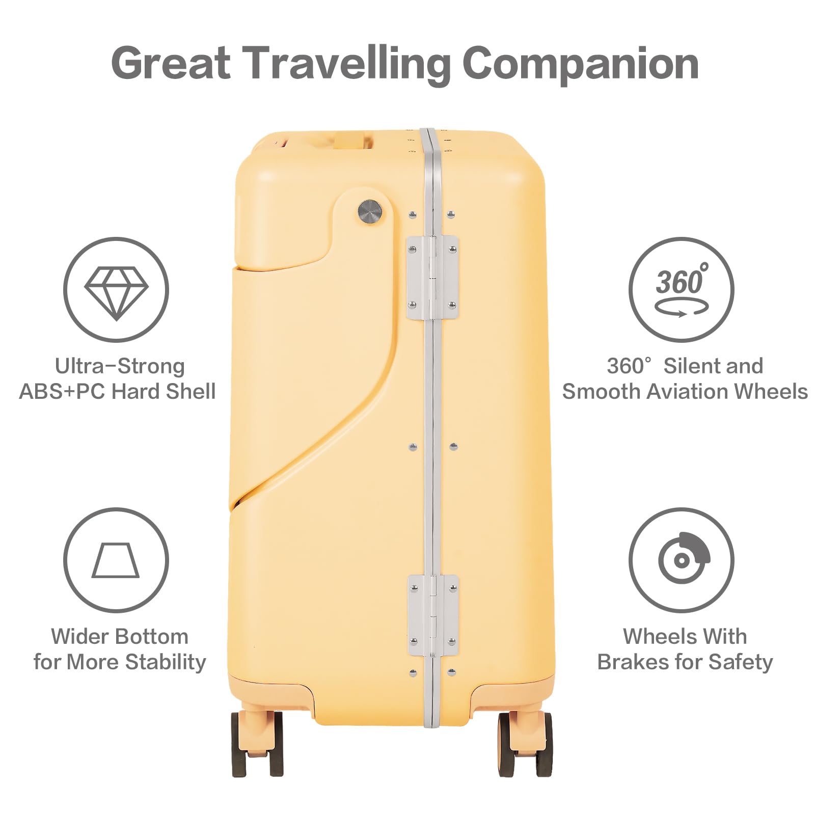 smilesun 20" Carry On Luggage with Seat For Kids & Adults，Hardside Ride On Suitcase Front Opening with 360°Spinner and TSA Lock For Travel (Black with Front Open, 20")