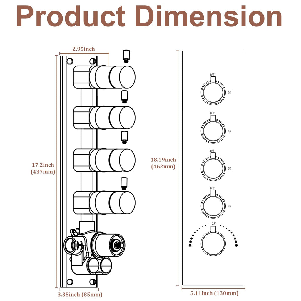 HOMEDEC 2 Way Shower Diverter Valve Brass Dual Functions Thermostatic Shower Mixing Valve Kit 3 Handle Flow Control Valve, 3/4 Inch Inlet, Can Use All Options At a Time, Matte Black