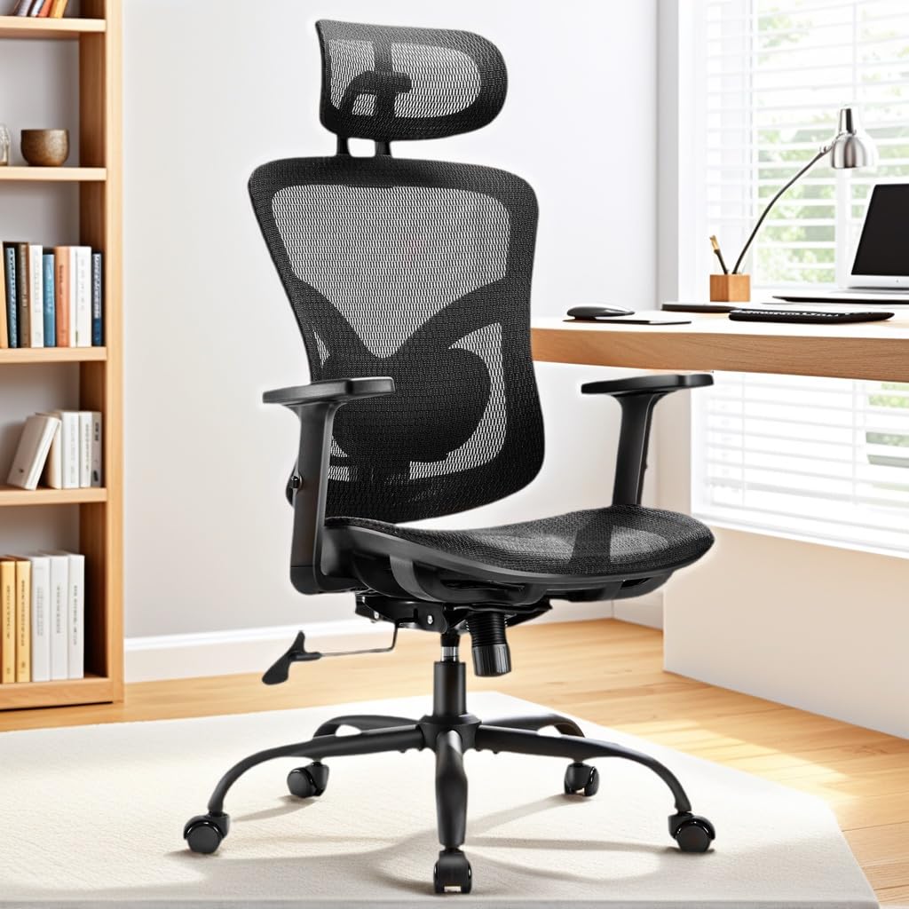 Marsail Office Chair Ergonomic Desk Chair with 3 Ways PU Armrests and Adjustable Lumbar Support Breathable Mesh Computer Chair Executive Rolling Swivel Comfy