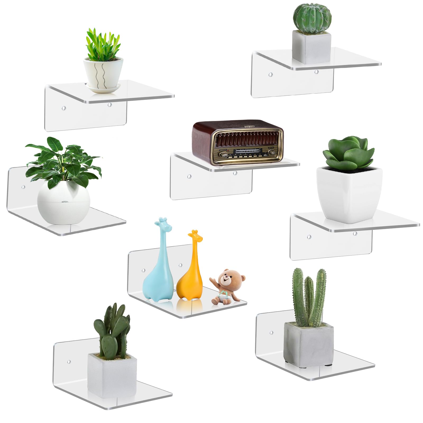 4 Pack Small Acrylic Floating Shelves, 4'' Acrylic Wall Shelves Display Ledges for Storage & Decoration, Mini Shelves for Wall with 2 Types of Installation (Adhesive or Screw)