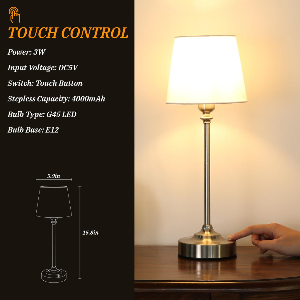 Touch Control Cordlss Table Lamp, USB-C Rechargeable Lamp with Stepless Dimming, 4000mAh Battery Operated Bedside Lamp for Bedroom, Living Room, Night Light & Emergency Lighting, Black, 1 Pack