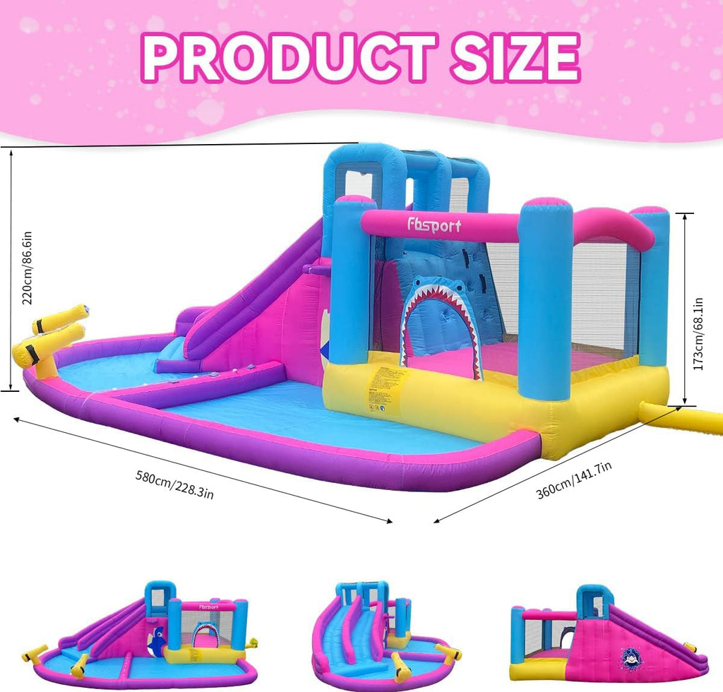 FBSPORT Inflatable Bounce House Double Slide,Water Slide Park Bounce House with Ball Pit,Water Cannon, Climbing Wall, Kids Bouncy Castle with 550W Air Blower for Backyard, Outdoor, Indoor
