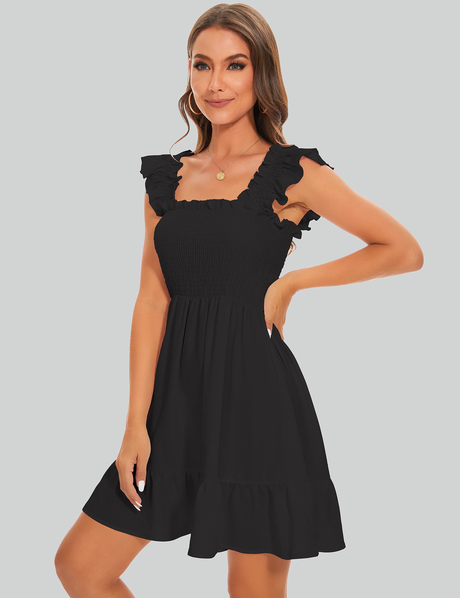 ROYLAMP Women's Smocked Dresses Square Neck Elegant Tiered Boho Ruffle Shoulder Swing Flowy Summer Casual Mini Dress
