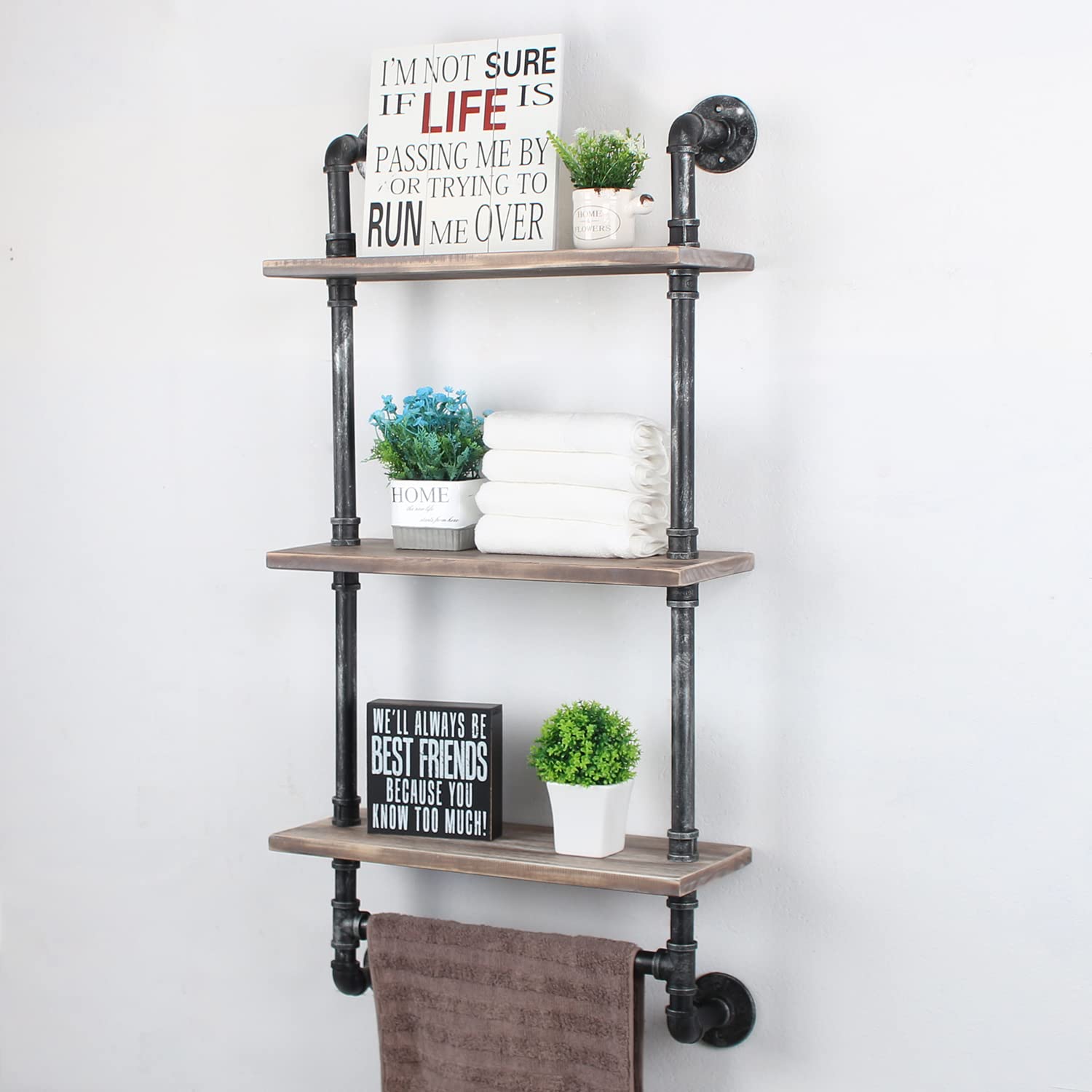MBQQ Industrial Pipe Shelf Bathroom Shelves Wall Mounted,19.6in Rustic Wood Shelf with Towel Bar,1 Tier Farmhouse Towel Rack,Pipe Shelving Floating Shelves Towel Holder,Black & White