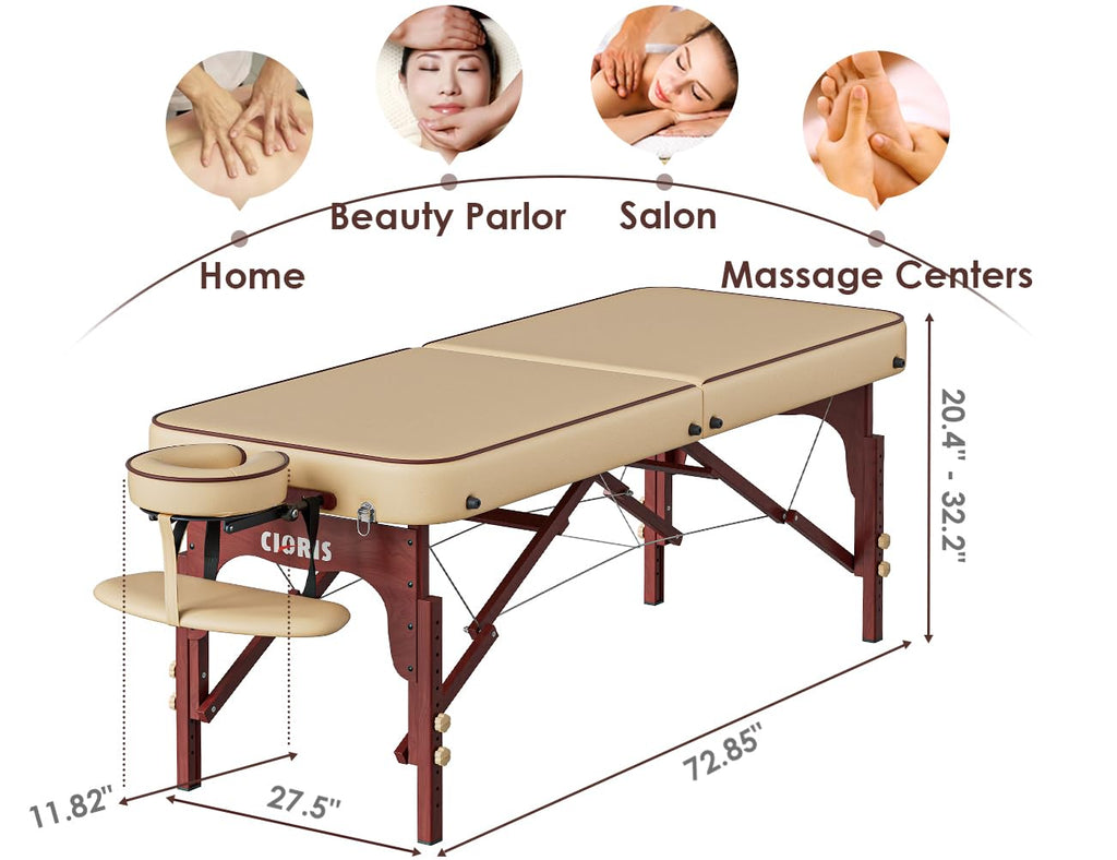 CLORIS 84" Professional Massage Table Portable Reinforced Wooden Leg 2 Folding Lightweight Spa Salon Tattoo Massage Bed Height Adjustable Hold Up to 1100LBS with Carrying Bag Black