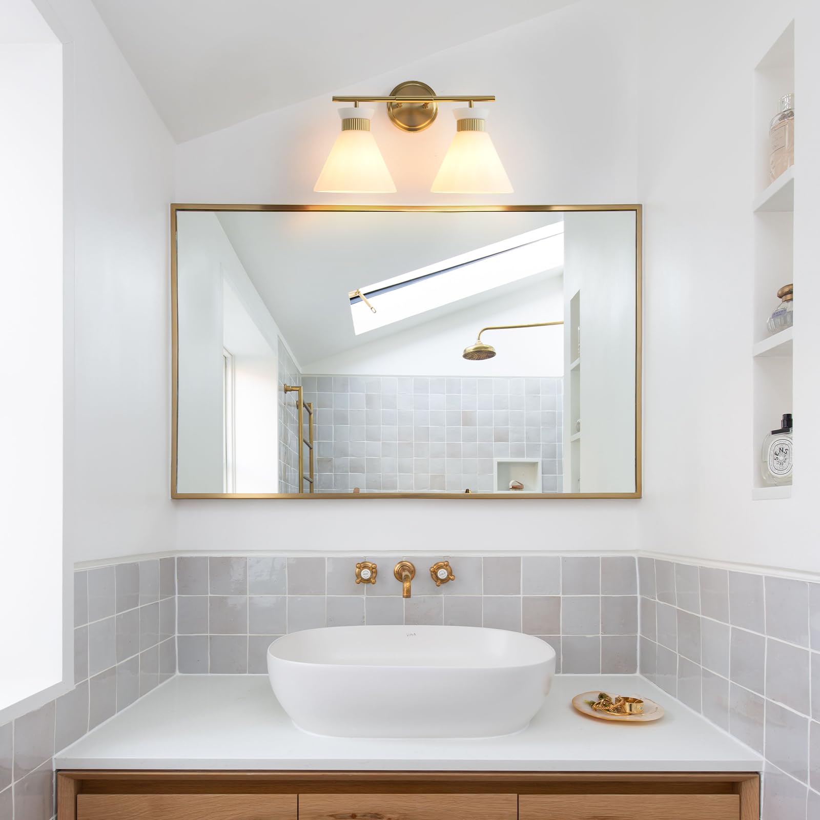 WOSHITU Gold Bathroom Light Fixtures: Modern Vanity Lighting Fixtures 2 Lights for Bathroom Mid Century Vanity Light Sconces Over Mirror with Frosted Milky Glass for Bath Bedroom Makeup