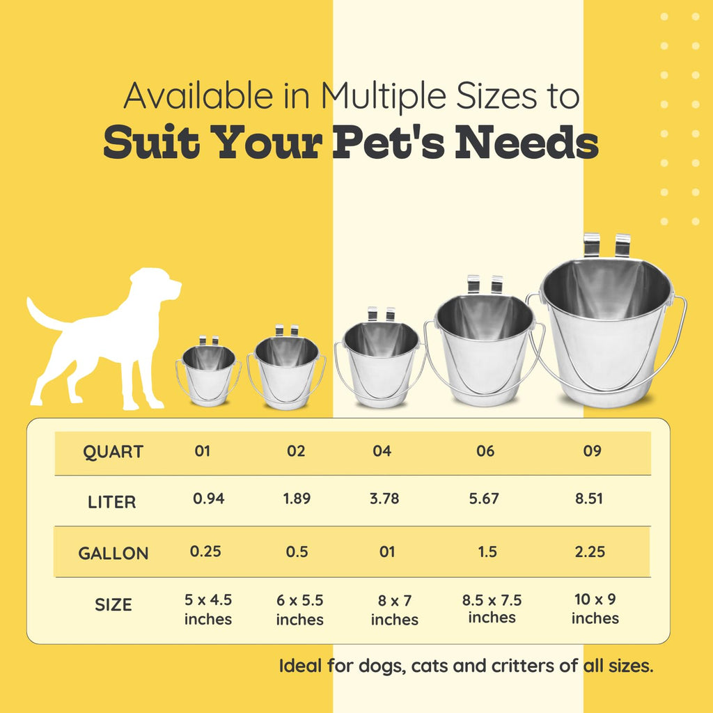 1 quart Stainless Steel Flat Sided Bucket with Dual Hooks | 0.25 gal Durable Food & Water Bowl for Dog Cat Bird & Small Animals | Fits kennel Cage Critter Crate | Hanging Utility Pet Pail