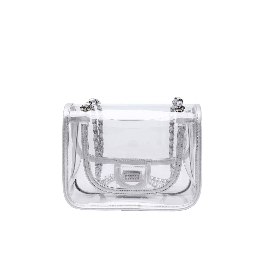 Womens PVC Clear Purse Handbag with Chain Stadium Approved Clear Bag See Through Bag for Working and Concert