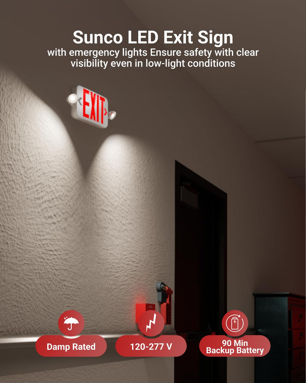 Sunco 12 Pack Combo Red LED Exit Sign with Emergency Lights, Two Mini Adjustable Head Lights, 94V-0 Fire Resistant, Backup Battery, 2.3W, 6000K, 200 Lumens, 120-277V, Wall or Ceiling Mount, Modern, UL