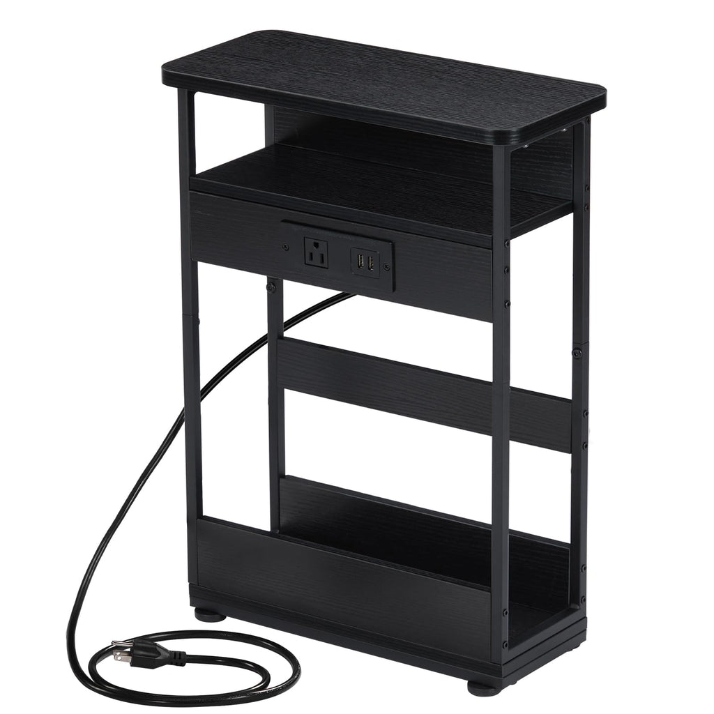 YEAKOO Narrow Side Table with Charging Station, 3-Tier End Table with 2 USB Ports & Power Outlets,Thin Sofa Side Table for Narrow and Small Spaces, Bedside Table Nightstand for Living Room,Black