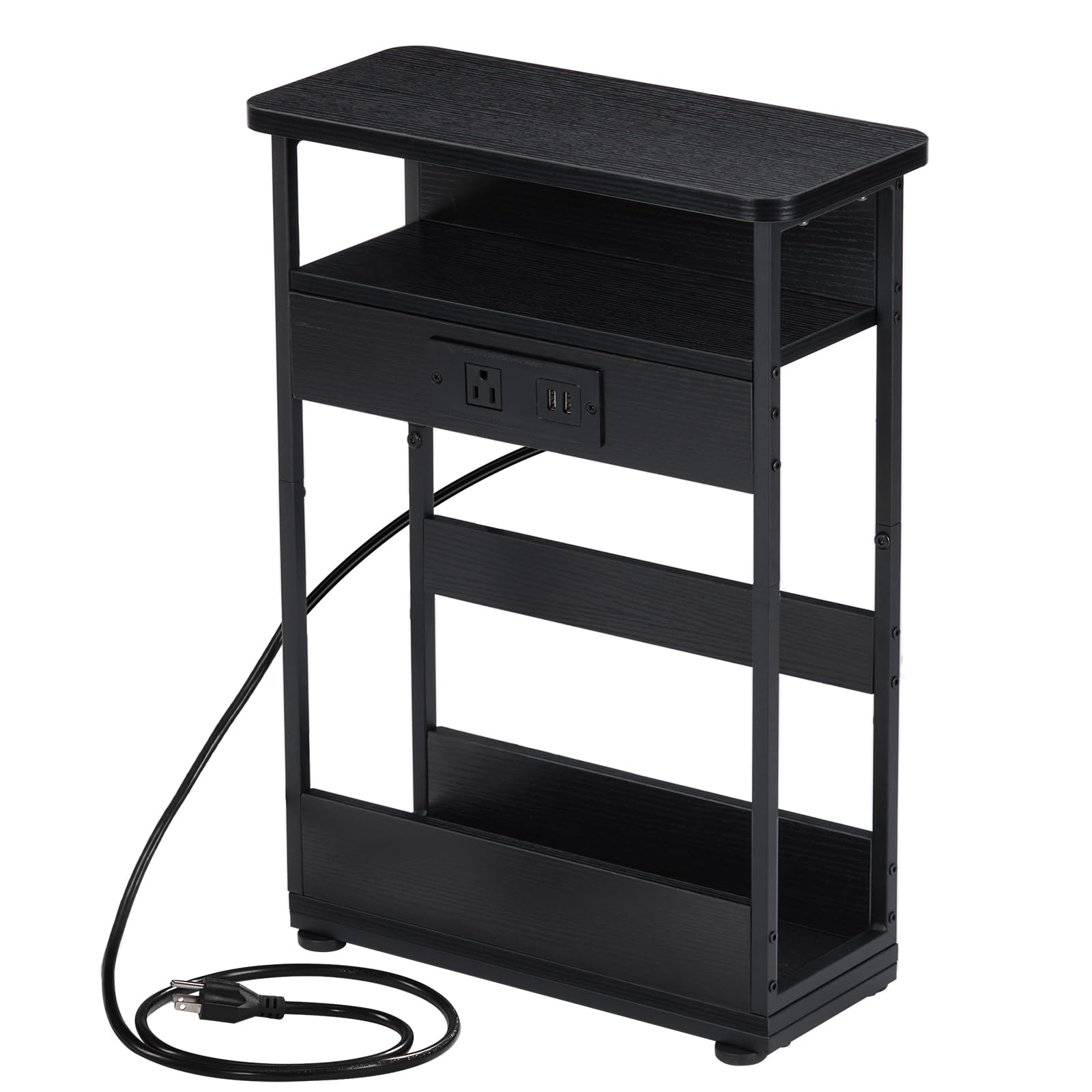 YEAKOO Narrow Side Table with Charging Station, 3-Tier End Table with 2 USB Ports & Power Outlets,Thin Sofa Side Table for Narrow and Small Spaces, Bedside Table Nightstand for Living Room,Black