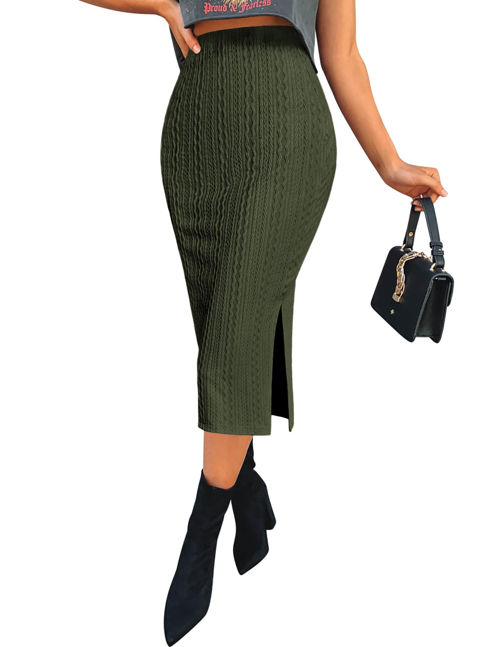 Zeagoo Womens Knit Midi Skirts Casual Pencil Skirt High Waisted Long Skirt with Slit Elegant Work Office Skirts
