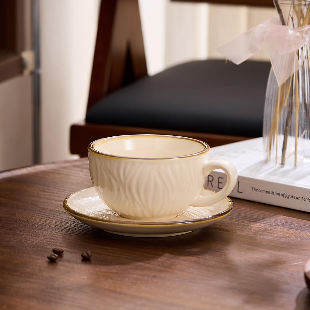 Coffeezone Vintage Design 12 oz Ceramic Latte Art Cappuccino Barista Cup with Saucer (Beige)