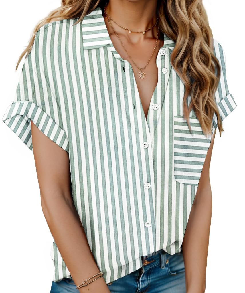 HOTOUCH Linen Shirts for Women Button Down Short Sleeve Tops Cotton Blouses Collared Button-up Beach Vacation Outfits