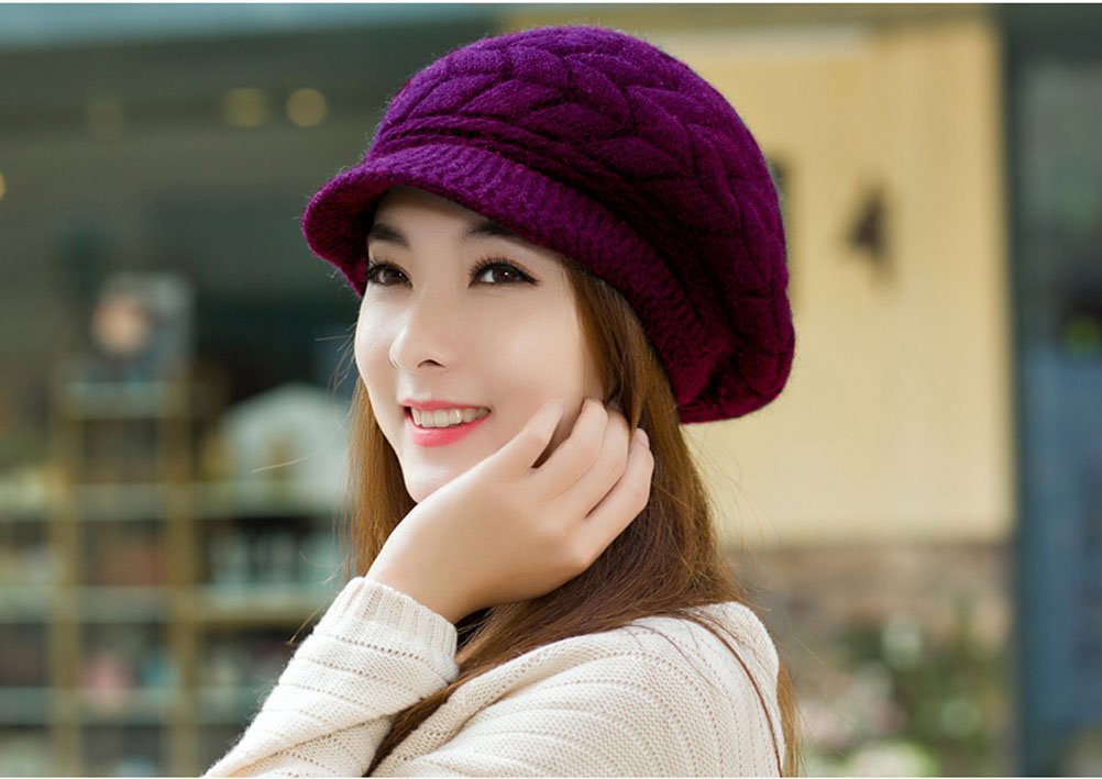 Women Winter Warm Knit Hat Wool Snow Ski Caps with Visor