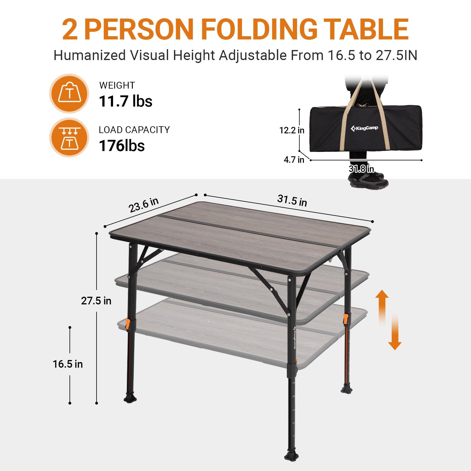 KingCamp Bamboo Folding Table, 4-Fold Camping Adjustable Height Portable Outdoor Lightweight & Compact Table with Aluminum Frame for RV Picnic BBQ Tailgating