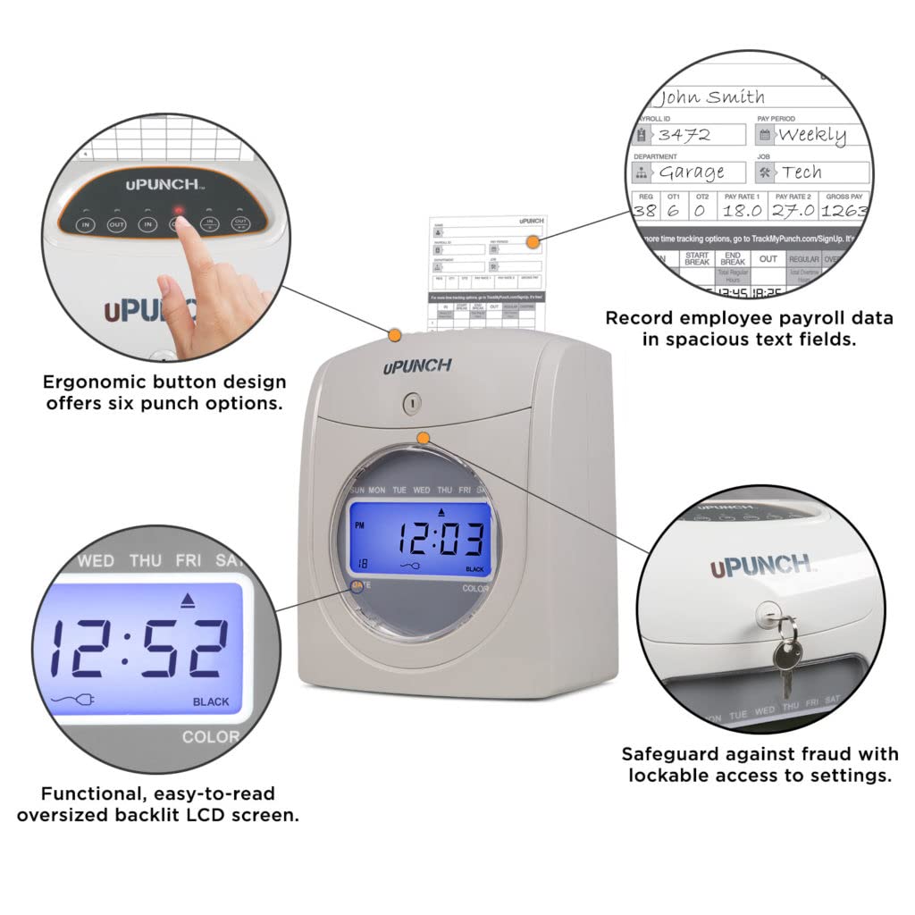 uPunch HN2500 Calculating Time Clock Bundle for Small Business: Auto Align Employee Time Tracking System with 100 Time Cards, Ribbon, and Keys